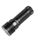 Angled view of Ultra Bright USB C Rechargeable Flashlight With Cree XHP70 HI LED 3294 Lumens IPX8 Waterproof, black tactical design.
