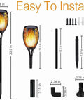 Outdoor Solar Flame Torch Lights Waterproof Mood Lighting For Pathway Patio Yard Garden With Auto Dusk To Dawn On Off 96 LED Flame Effect Lit Glow Yellow 4 Pack Easy Install showing torch and setup dimensions