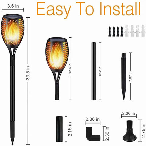 Outdoor Solar Flame Torch Lights Waterproof Mood Lighting For Pathway Patio Yard Garden With Auto Dusk To Dawn On Off 96 LED Flame Effect Lit Glow Yellow 4 Pack Easy Install showing torch and setup dimensions