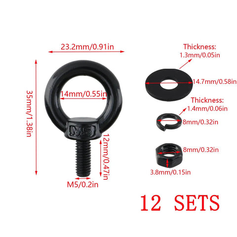 12 Pack M5 Stainless Steel Eye Bolts With Nuts And Washers For DIY Projects And Outdoor Lifts Heavy Duty Black Finish 12 MM Thread