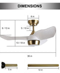 Dimensions of 36 Inch White Gold Modern Ceiling Fan With Light And Remote, Quiet DC Motor, 6 Speed, 3 Blade Design, Energy Efficient