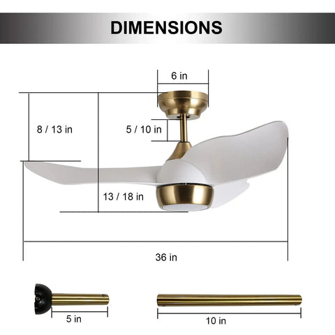 Dimensions of 36 Inch White Gold Modern Ceiling Fan With Light And Remote, Quiet DC Motor, 6 Speed, 3 Blade Design, Energy Efficient