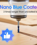 Nails Every Cut 10 Piece 1/4 Inch Shank Solid Carbide Cnc Router Bit Set For Woodworking showing nano blue coated bit cutting wood.