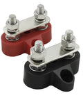 Dual Battery Terminal Post Kit With One Quarter Inch Bus Bar Block And M6 Power And Ground Distribution Studs Red And Black For RV Boat Truck Car Corrosion Resistant Stainless Steel Nuts Brass Gasket And Flame Retardant Base, showing red and black terminals with stainless steel fittings.