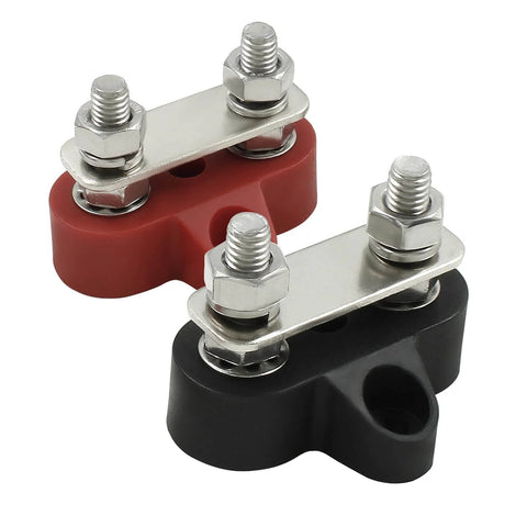 Dual Battery Terminal Post Kit With One Quarter Inch Bus Bar Block And M6 Power And Ground Distribution Studs Red And Black For RV Boat Truck Car Corrosion Resistant Stainless Steel Nuts Brass Gasket And Flame Retardant Base, showing red and black terminals with stainless steel fittings.