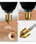 Close-up of Real Deal Woodworking Plug Cutters Kit with Hex Shank drill bit creating a clean hole in hardwood.
