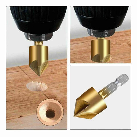 Close-up of Real Deal Woodworking Plug Cutters Kit with Hex Shank drill bit creating a clean hole in hardwood.