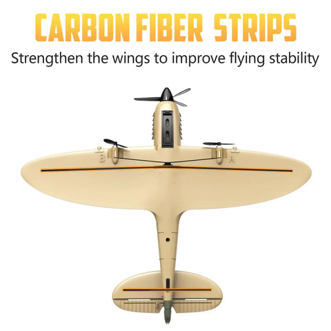 3 Channel RC Plane Spitfire Fighter Ready To Fly Warbird with carbon fiber strips for stability from underside view