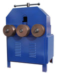 Hardcore Portable Electric Pipe Bender And Tube Roller Badass With Nine Round Plus Eight Square Dies For Cranking Out Smooth Big Radius Curves Lightning Fast 110V 1500W - Blue pipe bender with three rollers for tube shaping.