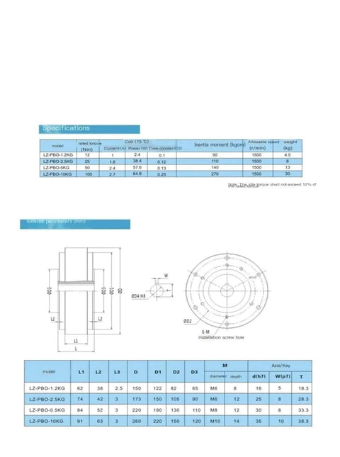 Technical drawing and specifications for Hollow Shaft Magnetic Powder Brake 100 Nm Industrial Brake for Cable Stranding Machine.
