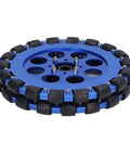 Two 8-inch blue aluminum omni wheels with silicone rollers around the rim, front view.