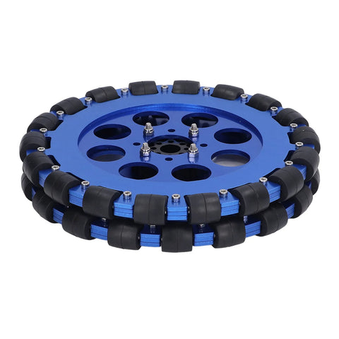 Two 8-inch blue aluminum omni wheels with silicone rollers around the rim, front view.