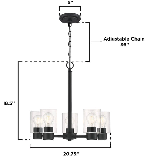 Five Light Indoor Chandelier in Matte Black Finish With Clear Glass Cool Modern Vibe For Dining Rooms And Foyers Sloped Ceiling Ready Includes 36 Inch Chain And Easy Mounting.