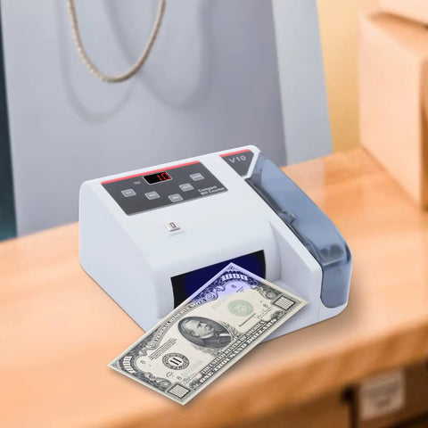 Portable Money Counter Machine With LED Display And Auxiliary Bracket Hands Free Operation on wooden desk