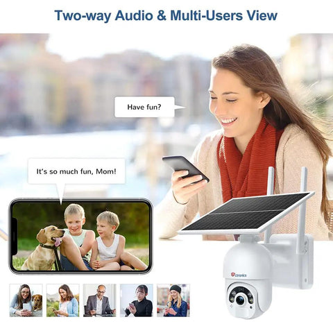 Woman using phone with 6W Solar Powered Outdoor Security Cam With 2K 3MP Battery Two Way Audio feature shown in images.