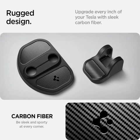 Tesla Door Lock Cover Protectors Set Of 4 showing carbon fiber design, durable TPU and TPV material, for Model Y 2020-2026 and Model 3 2017-2026