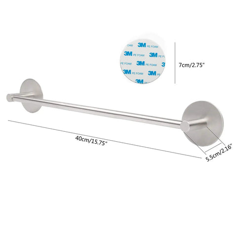16 Inch Stainless Steel Towel Bar With 3M Self Adhesive Wall Mount No Drill Brushed Nickel For Bathroom And RV, shown with dimensions.