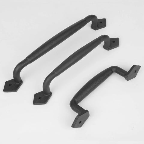 Rustic 8 Inch Heavy Duty Barn Door Pull Handle For DIY Sliding Barn Door Gate Shed Garage Matte Black Round Solid Metal Construction With Craftsman Grade Mounting Hardware Included, shown in three sizes.