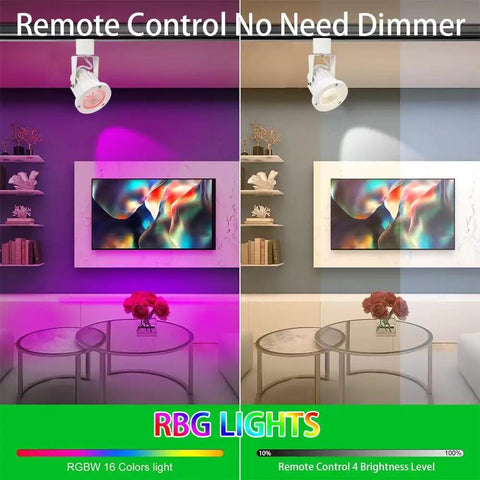 12W RGBW Track Light Heads 6 Pack with 16 color options illuminating a modern living room with remote controlled dimmer.