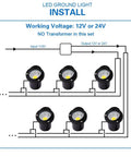 Installation diagram for 12W RGBW In-Ground Landscape Lights 8 Pack With 16 Color Vibes Waterproof Outdoor Well Lights For 12-24V Systems.