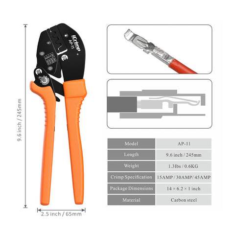 Power Wire Crimping Tool For 15, 30, And 45 Amp Quick Disconnect Terminals with 10-20 AWG capacity, carbon steel, dimensions shown.