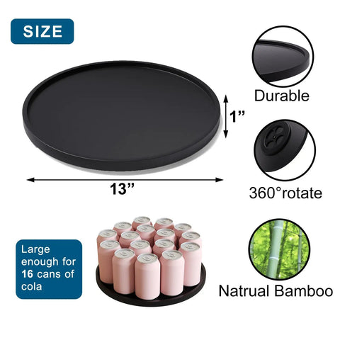 Real Deal Bamboo Lazy Susan Organizer For Kitchen Cabinet Super Slick Rotating Swivel Tray with 13 inch diameter, black finish.