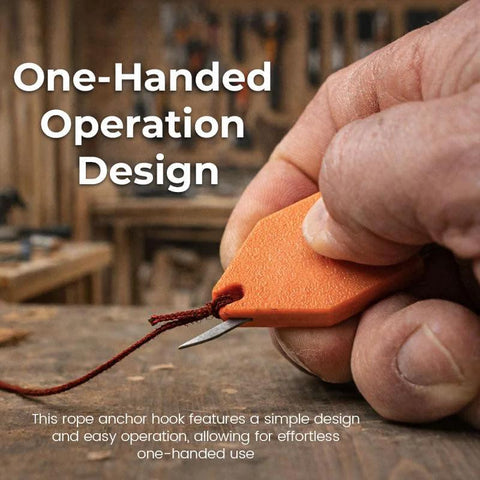 Close-up of Rope Anchor Hook One Handed Operation Portable Chalk Line Anchor Tool in use, securing rope with steel pin.