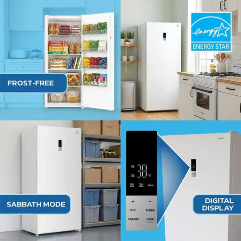 21 Cu Ft Frost Free Convertible Upright Freezer With Turbo Freeze And MaxxSpace Insulation Garage Ready Energy Star White Freestanding with digital display.