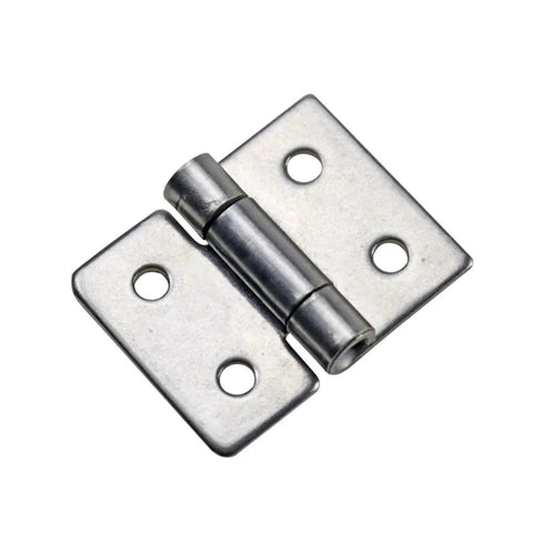 Close-up of stainless steel damping torque hinge with two mounting plates and hinge pin for cabinet doors.