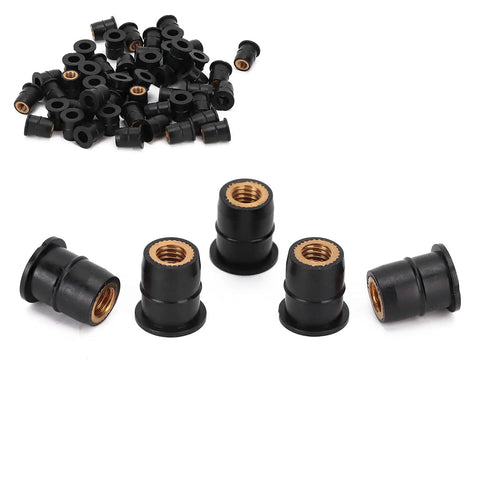 M6x0.8mm Heavy Duty Rubber Well Nuts For Motorcycle Windscreens And Atv Body Fasteners With Captive Brass Inserts To Crush Vibration And Create A Sweet Tight Seal Hella Solid Fifty Piece Black Set showing multiple black rubber well nuts with brass inserts.