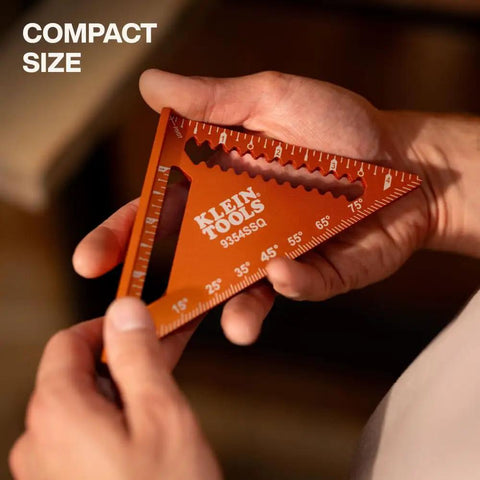 Hands holding a 4-1/2 Inch Aluminum Trim Square With Dual Reference Base And Laser-Etched Markings For Rafter And Carpenter Work