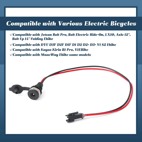 DC5521 Electric Bicycle Charging Port Replacement For Jetson Bolt Pro Bolt Electric Ride On LX10 Axle 12 Inch And Bolt Up 14 Inch Folding Ebikes Also Fits DYU D3F D2F D1F D2 Kugoo Kirin B1 Pro V1 S2 Ebikes shown with compatibility list.