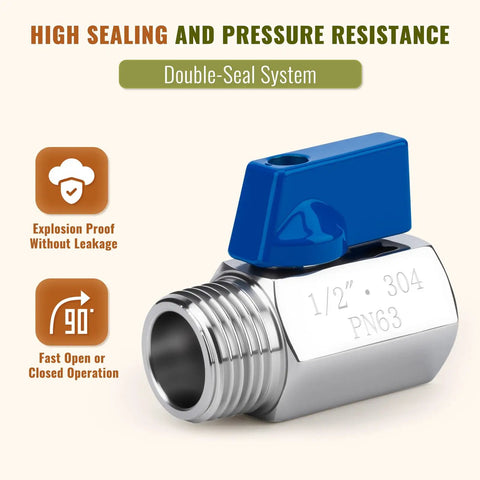 Two Pack One Half Inch Mini Ball Valve Set In 304 Stainless Steel With NPT Female To Male Thread Shutoff Valves For Tight Quarters And Small DIY Plumbing Projects.