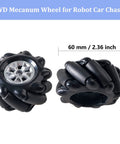 Two black 60mm Mecanum wheels with silver center hubs for 4WD robot car chassis