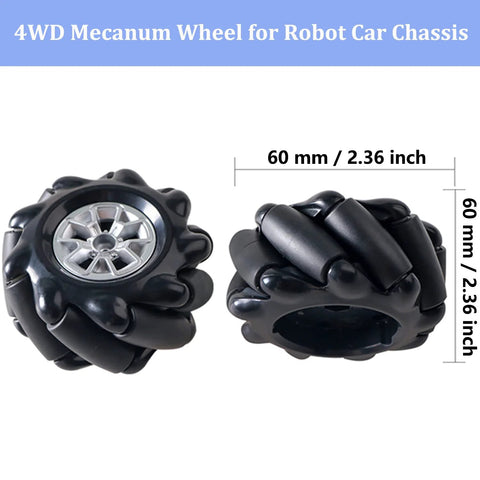 Two black 60mm Mecanum wheels with silver center hubs for 4WD robot car chassis