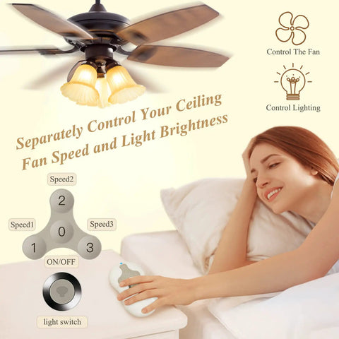 Woman using Ceiling Fan Remote Control Kit With 3 Speed Settings And Dimmer, Universal Receiver Compatible With Most Ceiling Fans
