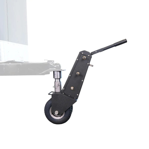 No Sweat Drill Powered Trailer Dolly With 10000 Lbs Capacity And Smart Auto Brake For RV Boat Haulers close-up of steel frame and wheel.