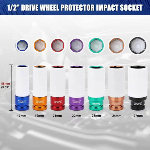 Half Inch Drive Wheel Protector Deep Impact Socket Set Seven Piece Ultra Thin Wall 6 Point Metric Kit With Color Coded Lug Nut Sockets