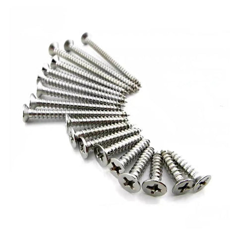 410 Stainless Steel Washer Screws Self Tapping Flat Head With Phillips Drive shown in multiple pieces on a white surface