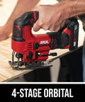 Snag This 20V Cordless Jigsaw With Battery And Fast Charger For Knocking Out Clean Straight And Curved Cuts Heavy Duty Workhorse Power Saw For Weekend Builders And Pros being used on plywood.