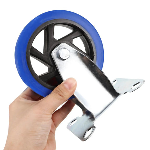 Hassle Free Heavy Duty Directional Plate Casters Featuring 5 Inch Black Rubber Wheels And Silent Non Swivel Design For Dead Simple Rolling On Trolleys Workbenches And Shop Carts shown with blue rubber wheel.