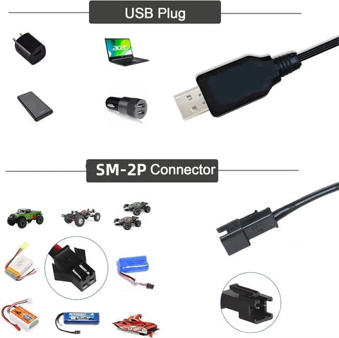 Universal RC Battery Charger Cable With SM 2 Pin Plug For 7.4V 2S LiPo Batteries, USB and SM-2P connectors, RC toys images