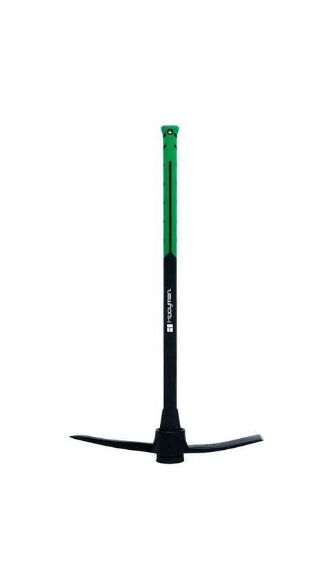 Heavy Duty Pick Mattock With Forged Steel Head And Solid Fiberglass Core, Ergonomic No Slip H Grip Handle, full view.
