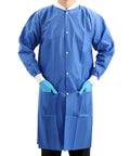 Adult wearing blue Disposable Lab Coat For Adults Knee Length With Knit Cuffs And Collar, SMS Nonwoven Medical Jacket with 3 pockets.