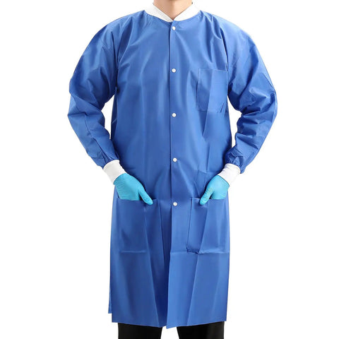 Adult wearing blue Disposable Lab Coat For Adults Knee Length With Knit Cuffs And Collar, SMS Nonwoven Medical Jacket with 3 pockets.