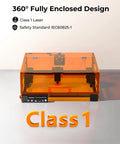 High Power 20W Laser Cutter And Engraver With 300x300mm Bed Delivers Deep Cuts And Crisp Engraving On Wood Metal Glass Leather And Acrylic For DIYers And Makers Class 1 Safe Output, front view of enclosed design.