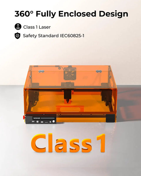 High Power 20W Laser Cutter And Engraver With 300x300mm Bed Delivers Deep Cuts And Crisp Engraving On Wood Metal Glass Leather And Acrylic For DIYers And Makers Class 1 Safe Output, front view of enclosed design.