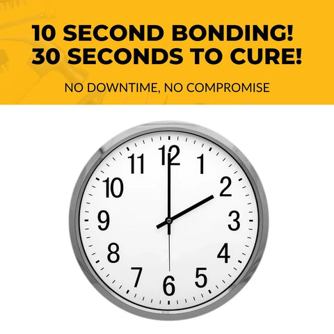 Pro Grade Thin Wood Adhesive Glue For Pros All Purpose Wood Repair 4000 PSI Tensile And Shear Strength Crystal Clear Dry Fills Micro Cracks 2 Oz Bottle Built For Fine Woodworking Projects And Quick Fixes clock showing 10 seconds bonding time and 30 seconds to cure