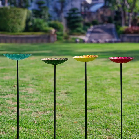 Flower Bird Bath With Metal Stake Set Of Four For Outdoor Gardens A Charming Yard Decor For Bird Lovers Each Bath Measures 7.1 Inches In Diameter And 1.3 Inches Deep With Easy To Install Stakes