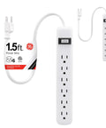 Six Outlet Power Strip Two Pack With One Point Five Foot Heavy Duty Extension Cord Grounded 3 Prong Wall Mount Circuit Breaker ETL Listed White Ideal For Home Office Garage Workshop Electronics Hub